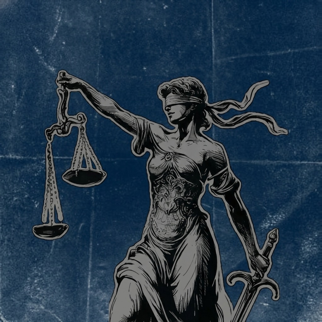 Ilustración de la Justicia con la balanza y la espada sobre un fondo azul